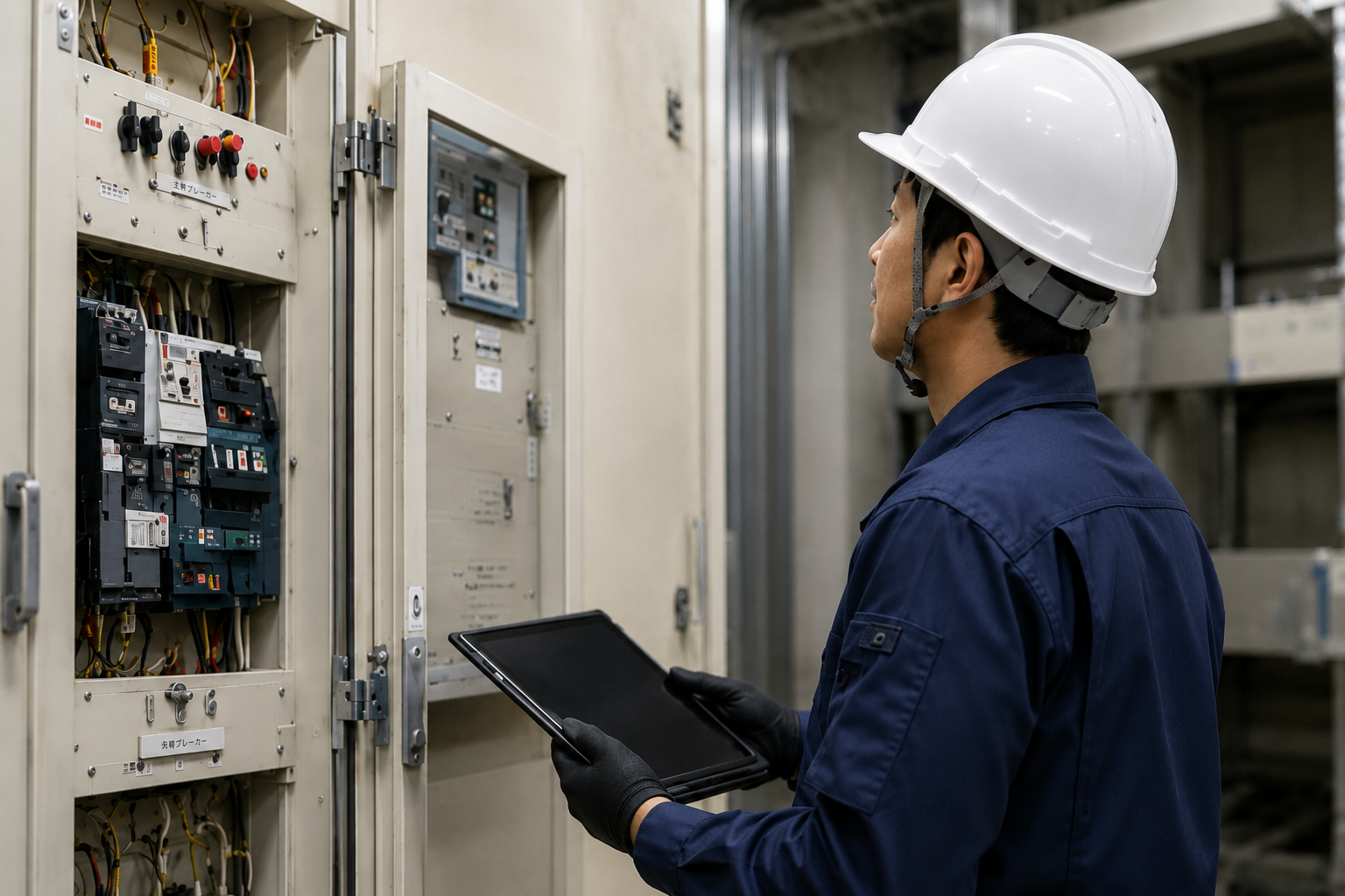 配電盤を確認する作業員のイメージ