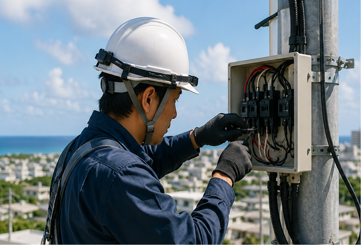 ヘルメットを着用し作業を行う電気工事士