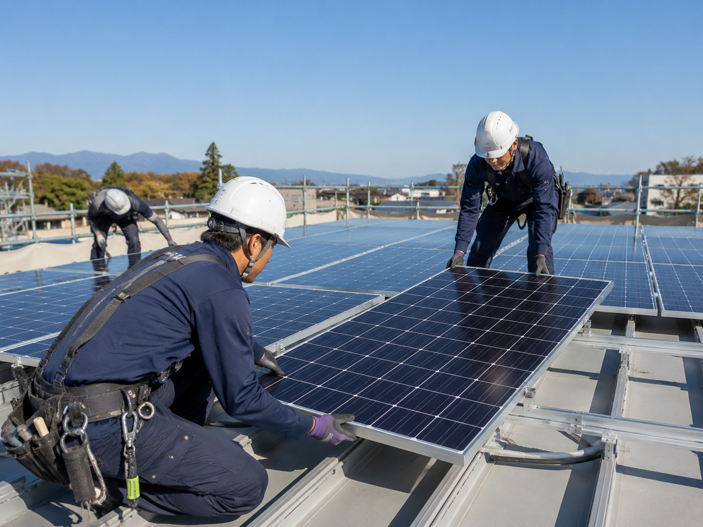 太陽光発電の設置工事を行う作業員