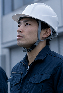 ヘルメットを着用したLMサポートのスタッフ